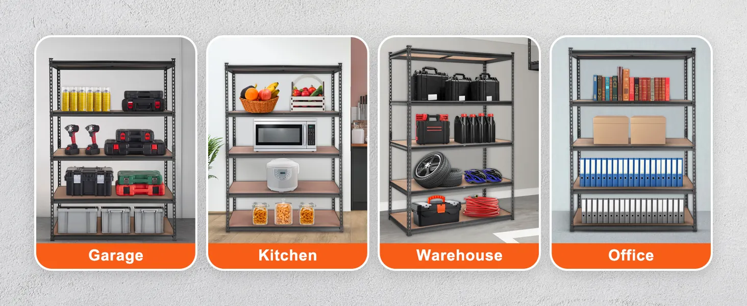 VEVOR heavy duty garage shelves storing tools, kitchen items, warehouse supplies, and office files.