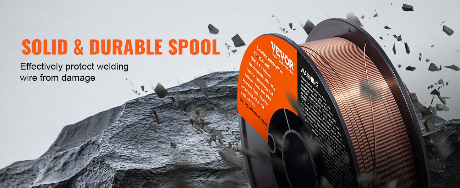 VEVOR mig welding wire solid and durable spool protecting wire from damage against a rocky background.