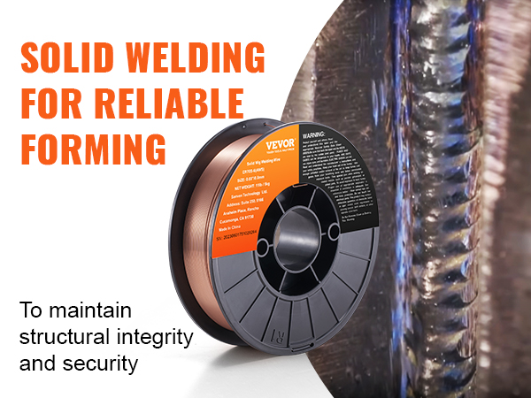 VEVOR mig welding wire spool highlighting its use for solid welding with an example weld joint.
