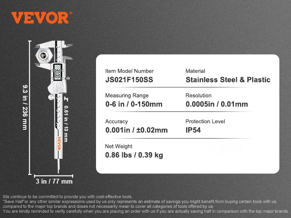 VEVOR digital caliper measuring 0.6in (0-150mm) with 0.0005in (0.01mm) resolution, stainless steel.