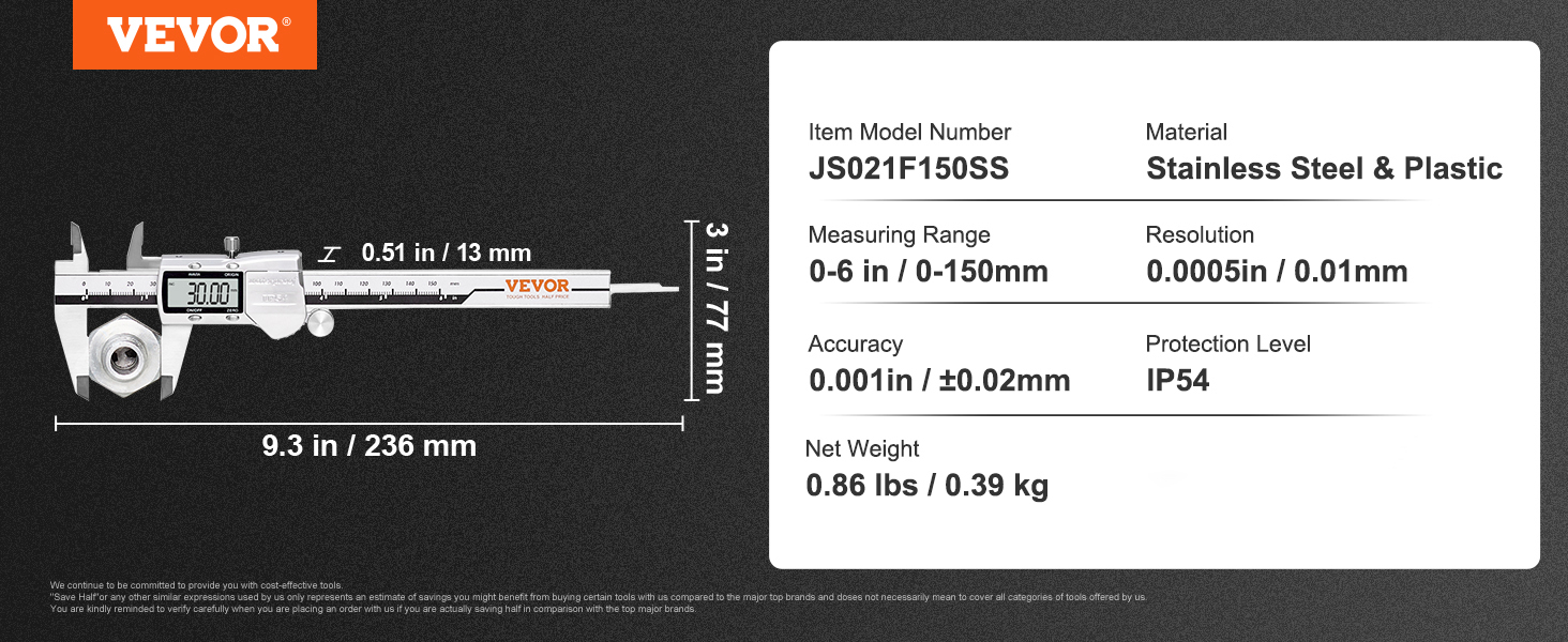 VEVOR digital caliper measuring 0.6in (0-150mm) with 0.0005in (0.01mm) resolution, stainless steel.