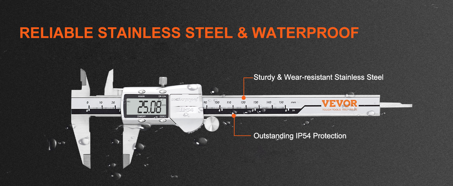 VEVOR digital caliper: reliable, waterproof stainless steel with ip54 protection and wear-resistant build.