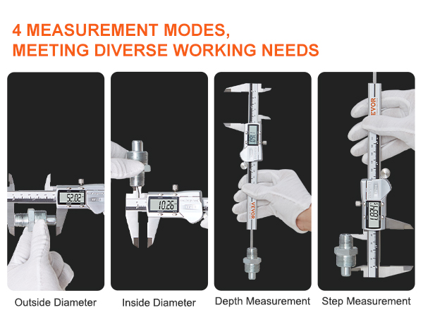 VEVOR digital caliper showcasing outside diameter, inside diameter, depth, and step measurement.