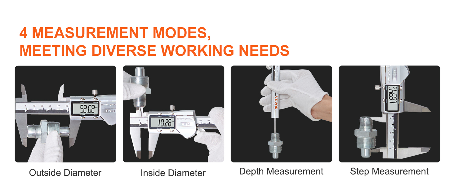 VEVOR digital caliper showcasing outside diameter, inside diameter, depth, and step measurement.