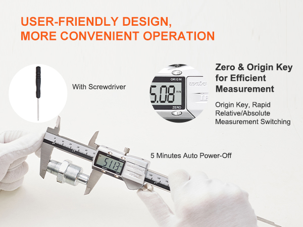 VEVOR digital caliper with abs absolute origin function, zero & origin key, and included screwdriver.