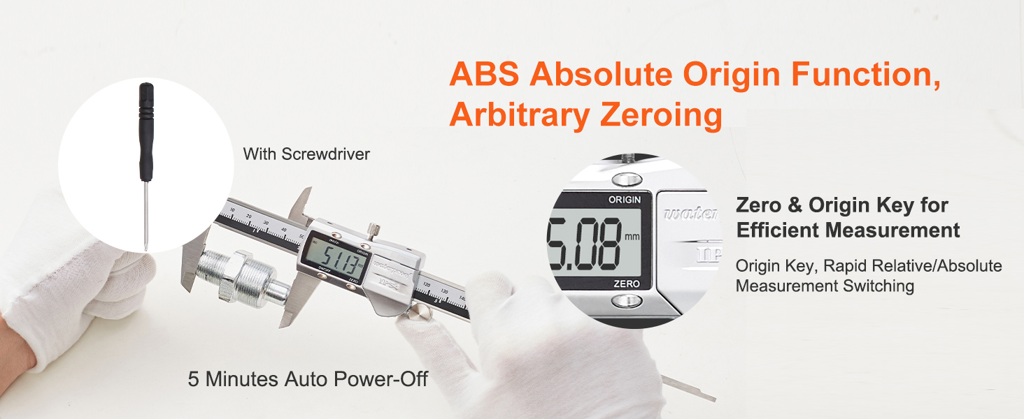 VEVOR digital caliper with abs absolute origin function, zero & origin key, and included screwdriver.