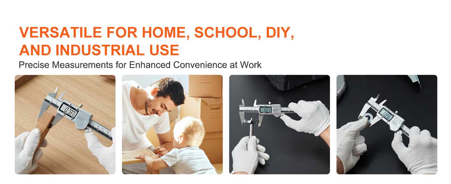 VEVOR digital caliper used for precise measurements in home, school, diy, and industrial applications.