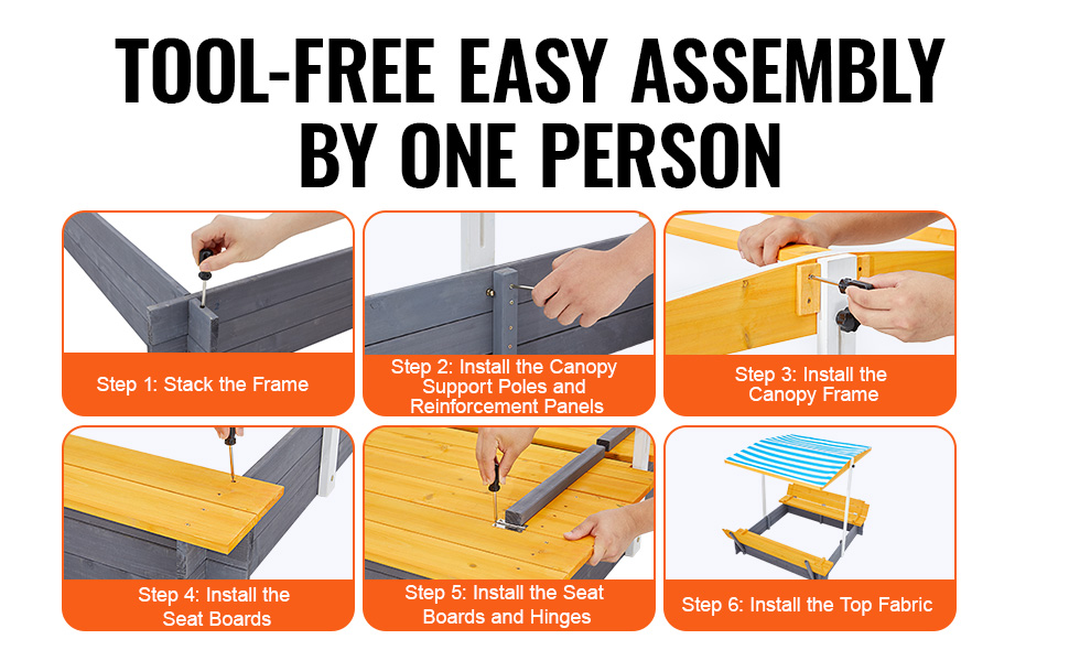 VEVOR wooden sandbox assembly steps with canopy, shown tool-free and by one person in six images.
