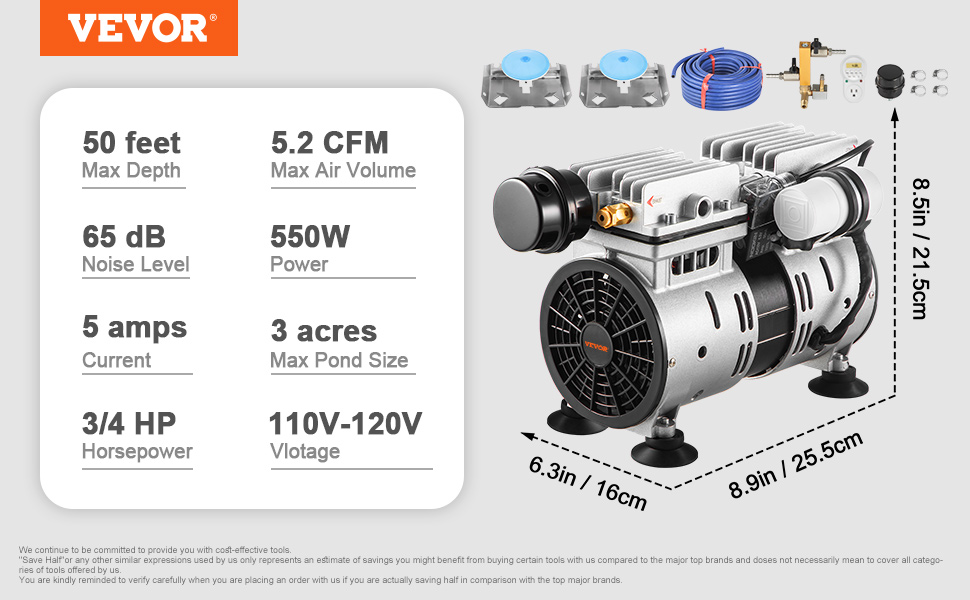 VEVOR pond aerator with 550w power, 5.2 cfm, and 3/4 hp for ponds up to 3 acres.