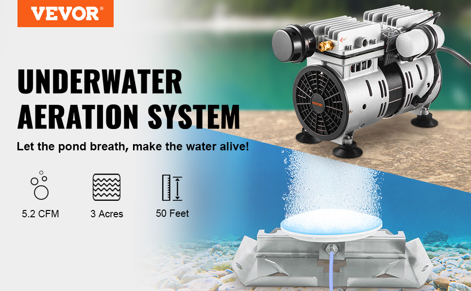 VEVOR pond aerator showcasing underwater aeration system, 5.2 cfm, covers 3 acres, 50 feet deep.