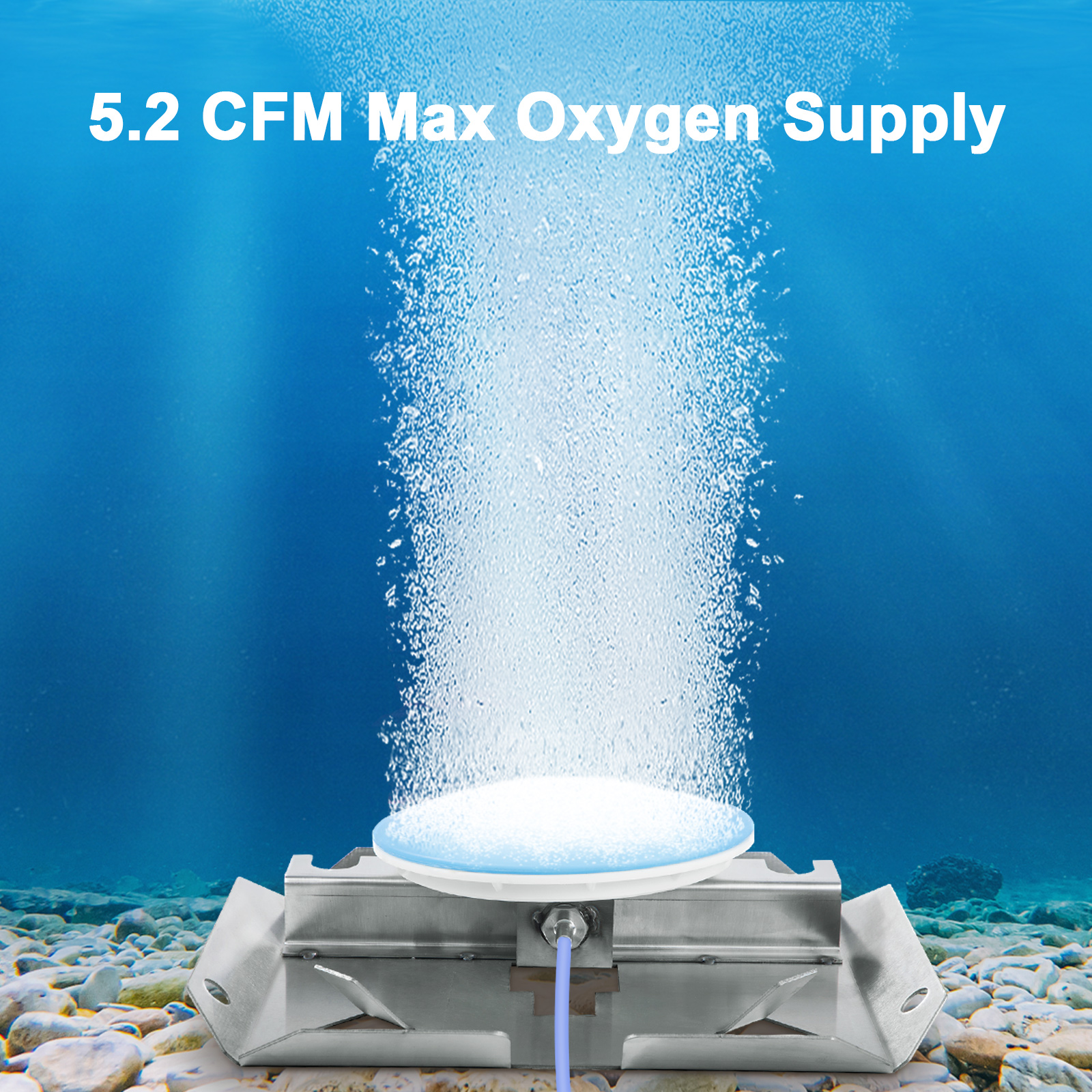 underwater view of VEVOR pond aerator releasing bubbles, providing 5.2 cfm max oxygen supply.