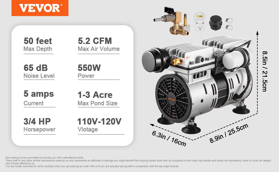 VEVOR aerator specifications: 50 feet depth, 5.2 cfm, 65 db, 550w, 5 amps, 3/4 hp, 110v-120v, 1-3 acre pond.