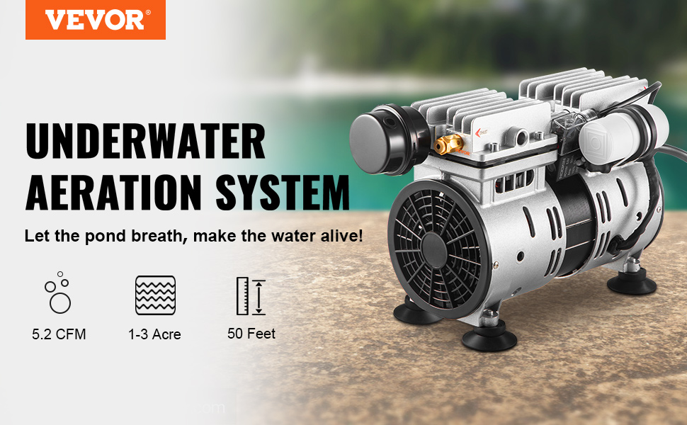 VEVOR aerator underwater aeration system with 5.2 cfm, for 1-3 acre ponds, operates at 50 feet depth.