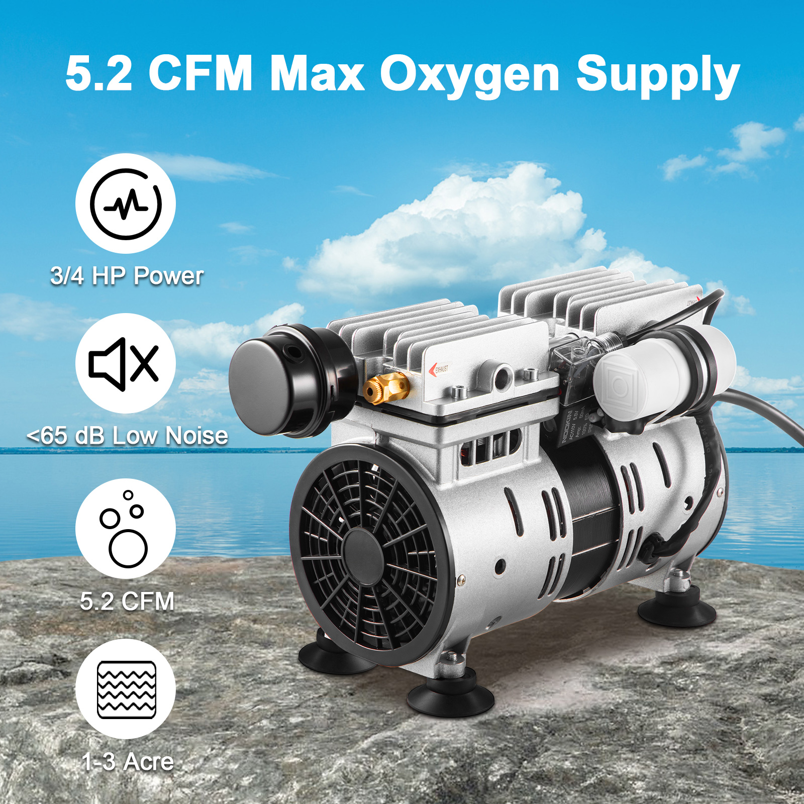 VEVOR aerator offering 5.2 cfm max oxygen supply, 3/4 hp power, <65 db low noise, suitable for 1-3 acres.