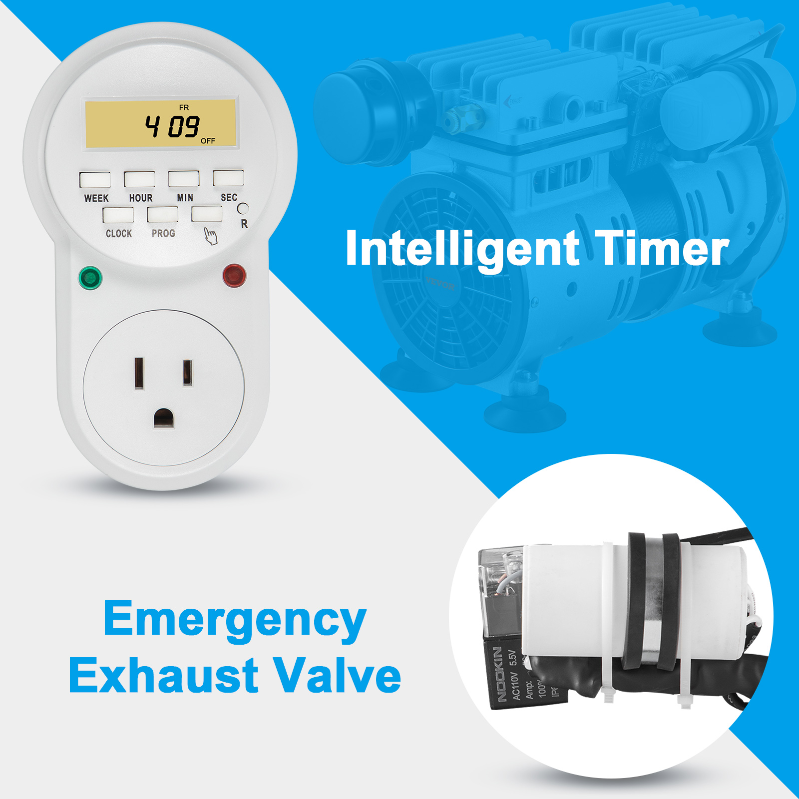 VEVOR aerator intelligent timer with emergency exhaust valve, highlighting digital display and controls.