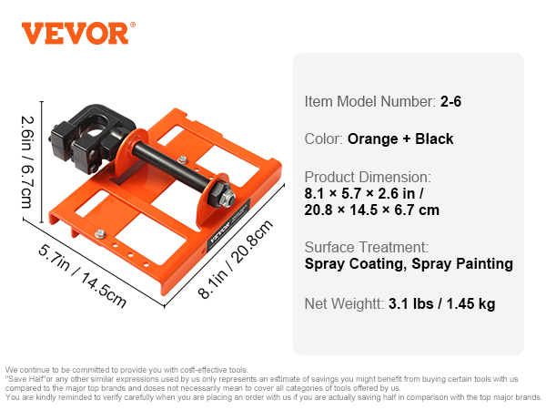 VEVOR chainsaw mill 2-6, orange and black, dimensions 8.1x5.7x2.6 in, weighs 3.1 lbs.