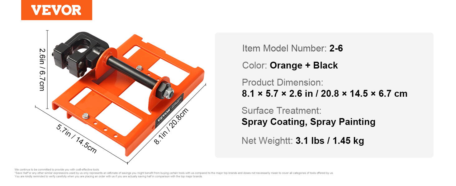VEVOR chainsaw mill 2-6, orange and black, dimensions 8.1x5.7x2.6 in, weighs 3.1 lbs.