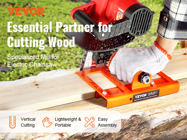 VEVOR chainsaw mill being used to cut a wooden plank outdoors, highlighting its portability and easy assembly.