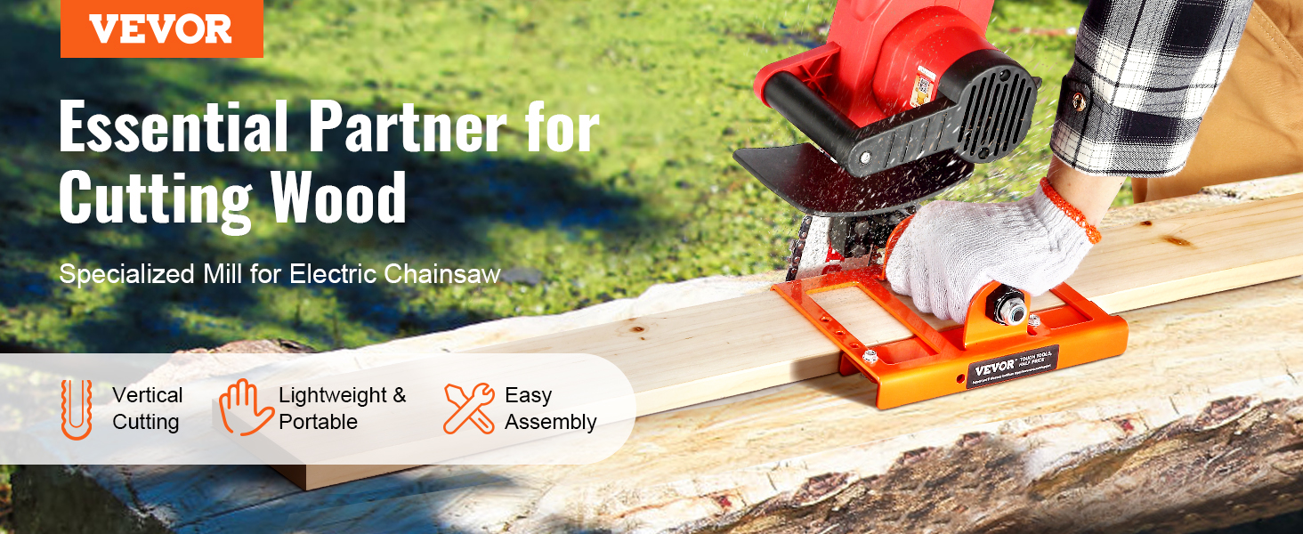 VEVOR chainsaw mill being used to cut a wooden plank outdoors, highlighting its portability and easy assembly.