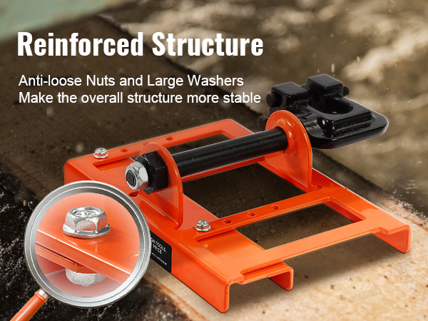 orange VEVOR chainsaw mill with reinforced structure, featuring anti-loose nuts and large washers.