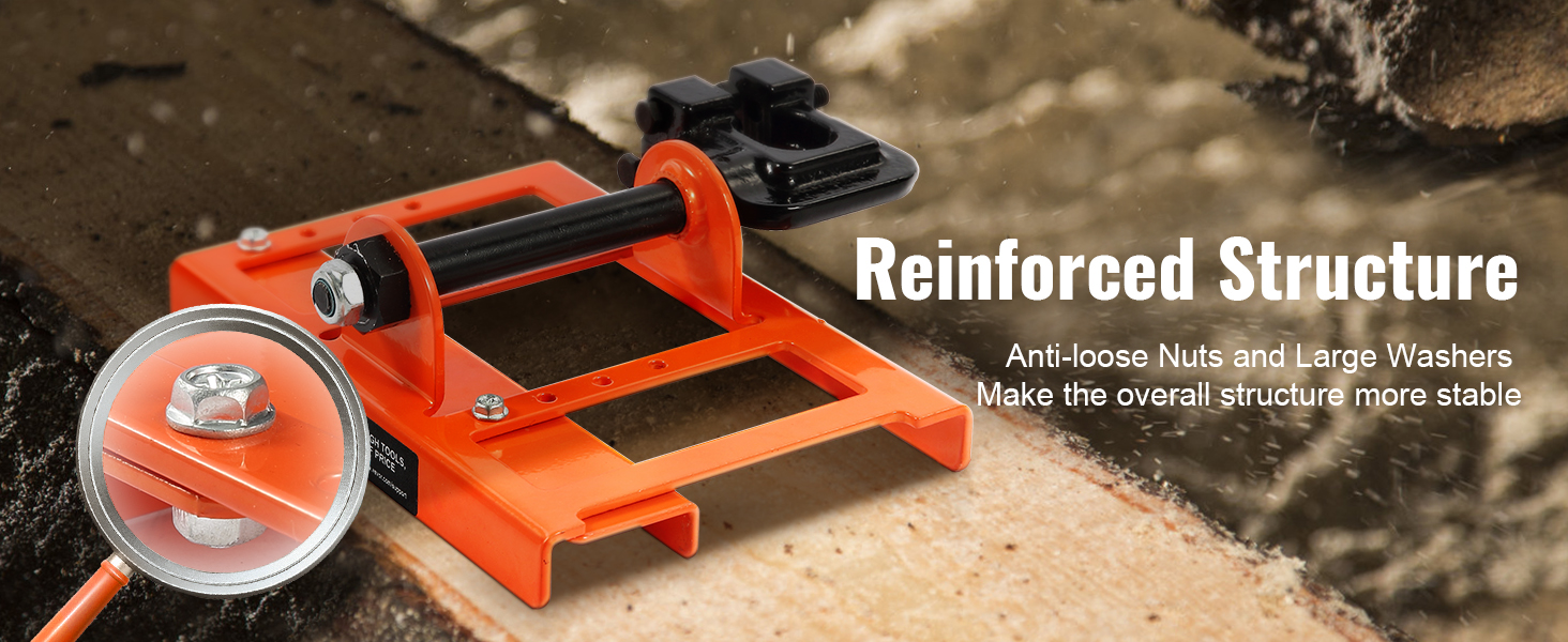 orange VEVOR chainsaw mill with reinforced structure, featuring anti-loose nuts and large washers.