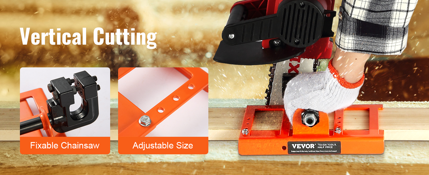 VEVOR chainsaw mill for vertical cutting with adjustable size and fixable chainsaw features.