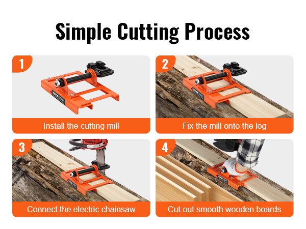 simple cutting process for using VEVOR chainsaw mill: install, fix, connect, and cut smooth wooden boards.
