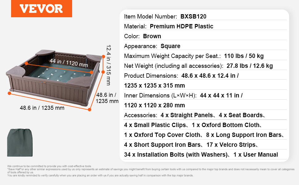 VEVOR sandbox, item bxsb120, square, brown, 1235x1235x315mm, 110 lbs max capacity per seat.