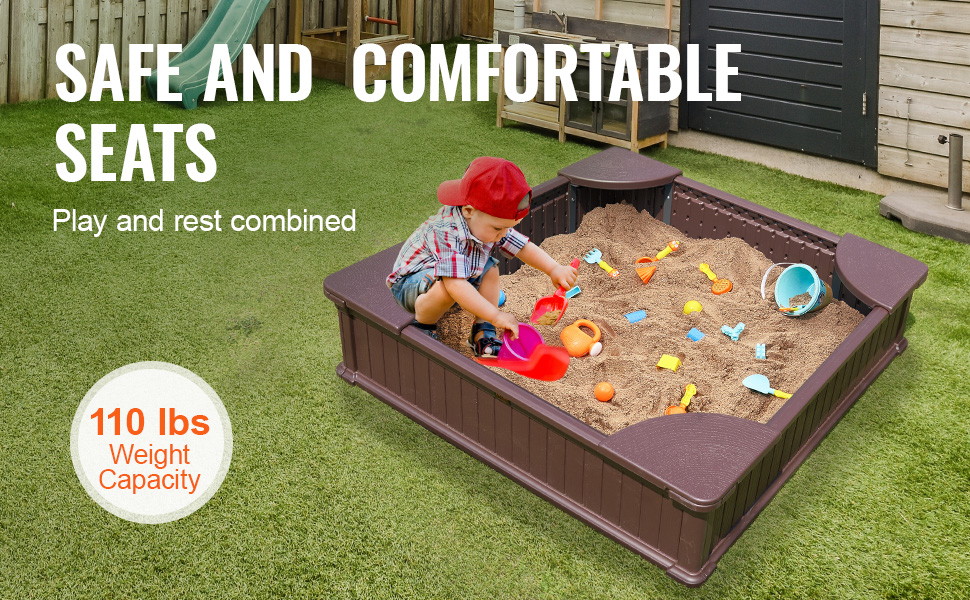 child playing in a VEVOR sandbox with toys, safe seats, and 110 lbs weight capacity in backyard.