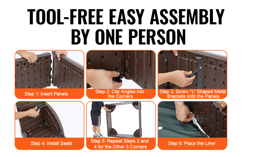 VEVOR sandbox assembly guide: step-by-step instructions for easy, tool-free assembly by one person.