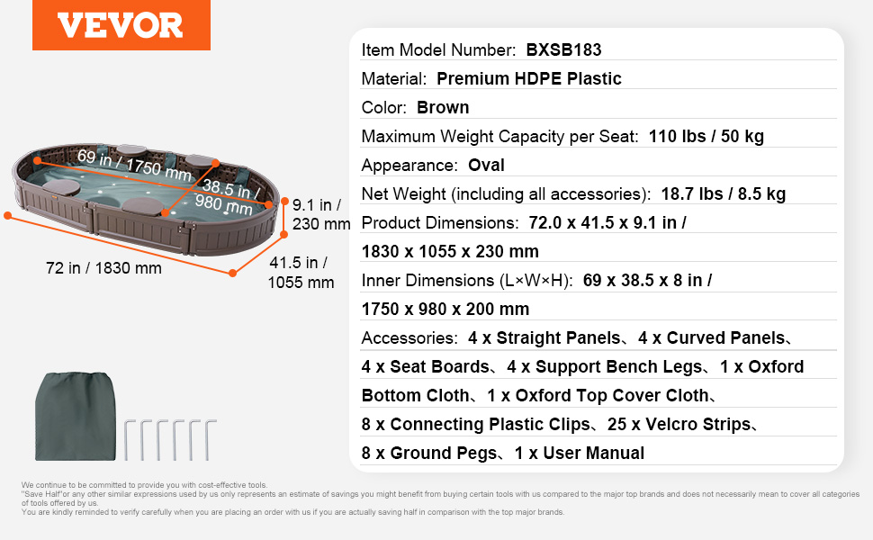 VEVOR sandbox dimensions and specifications, including premium hdpe plastic material, in a brown color.