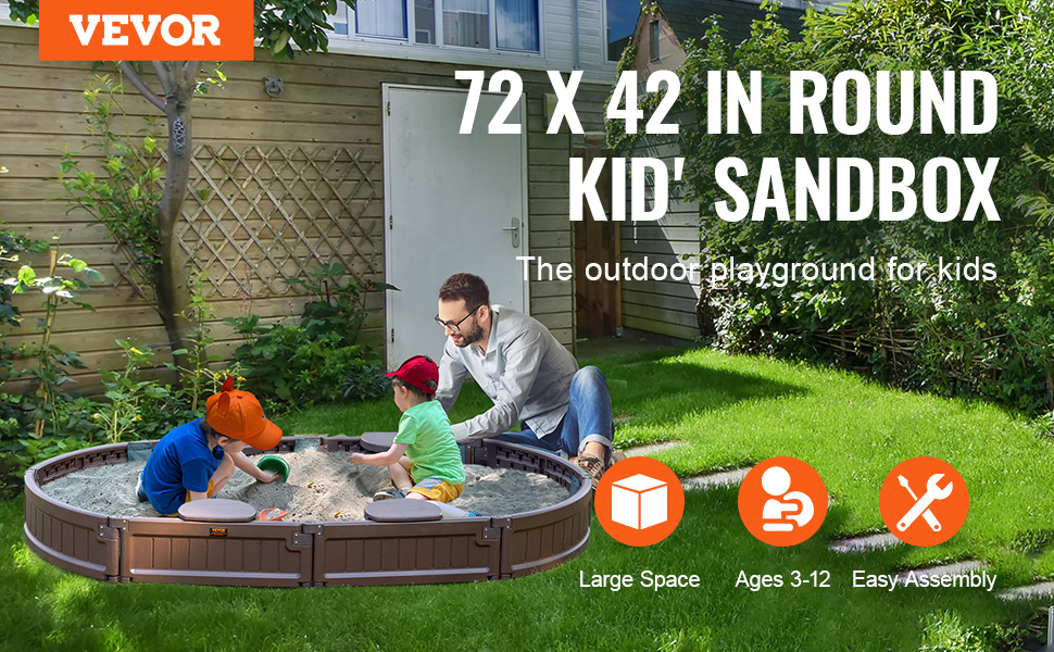 VEVOR sandbox: outdoor 72x42 inch round sandbox for kids ages 3-12, large space, easy assembly.