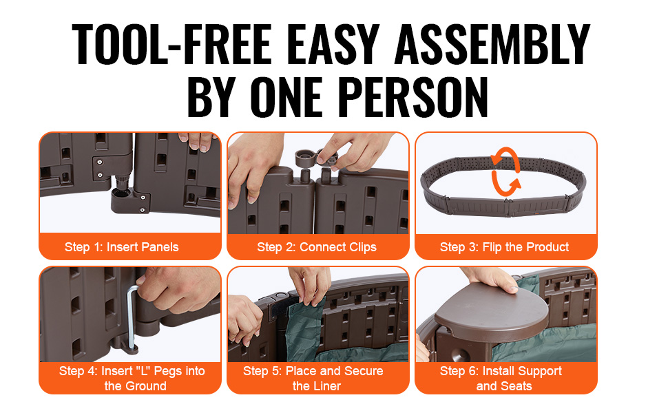 VEVOR sandbox assembly steps: insert panels, connect clips, flip, secure liner, install supports and seats.