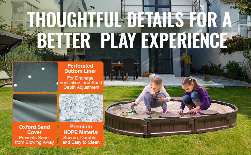 children playing in a VEVOR sandbox with a house and garden in the background. key features highlighted.