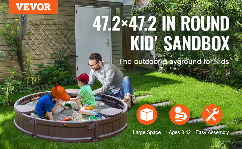 VEVOR sandbox in backyard with kids playing in a 47.2×47.2 inch round sandbox surrounded by greenery.