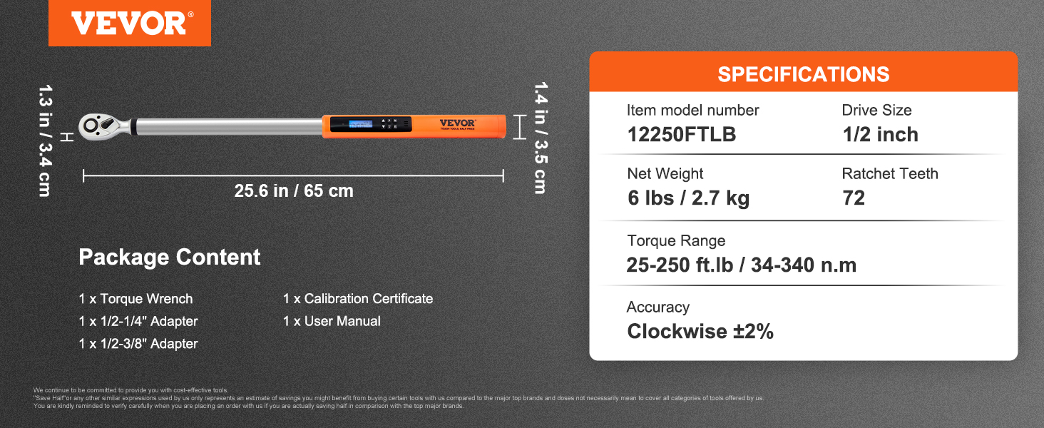 VEVOR digital torque wrench with 25.6-inch length, 1/2 inch drive size, and 25-250 ft.lb torque range.