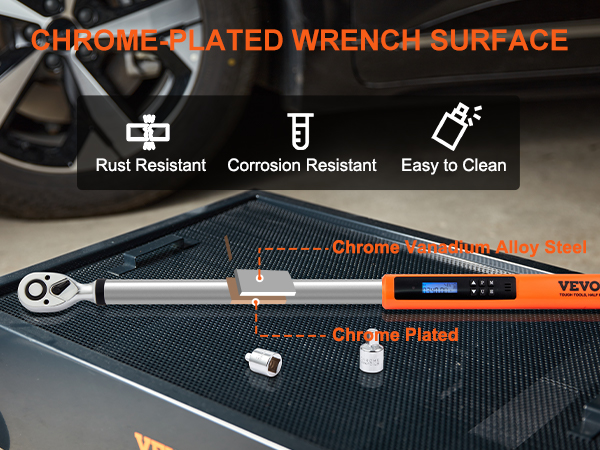 VEVOR digital torque wrench with chrome-plated surface, corrosion-resistant and easy to clean design.