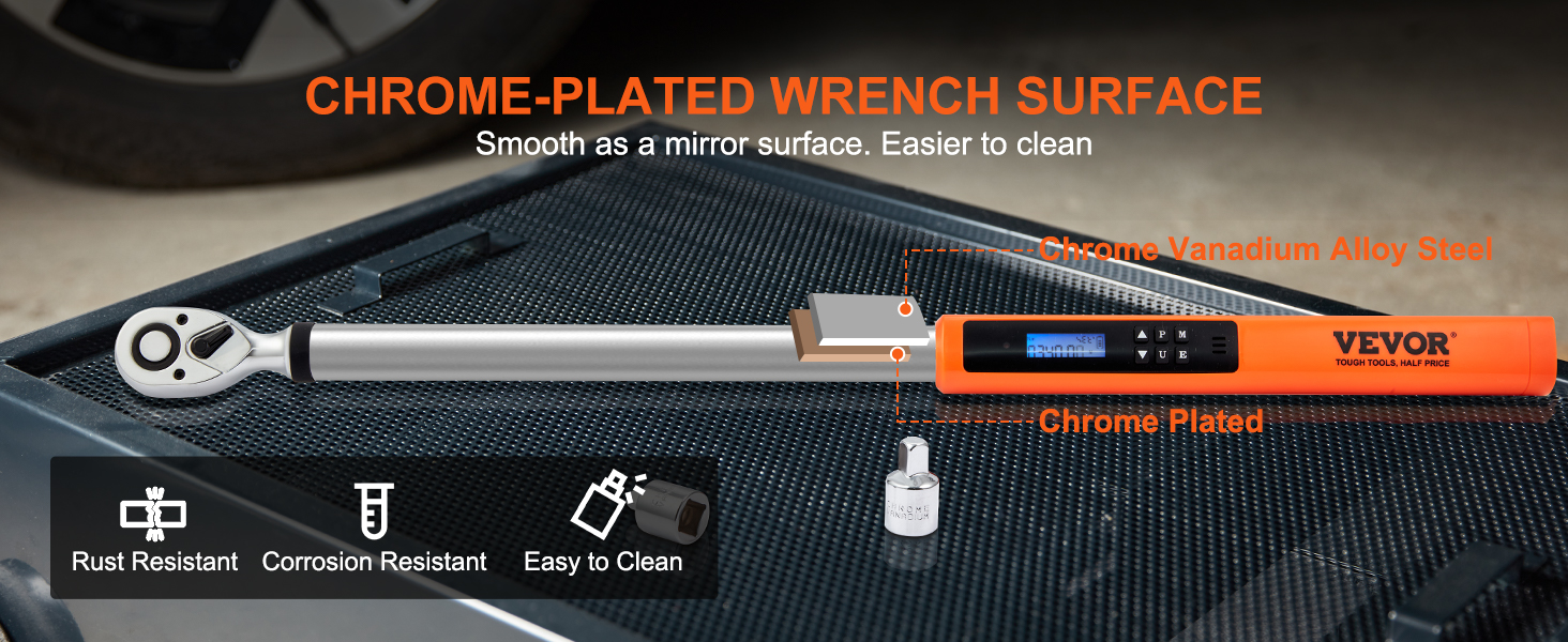 VEVOR digital torque wrench with chrome-plated surface, corrosion-resistant and easy to clean design.