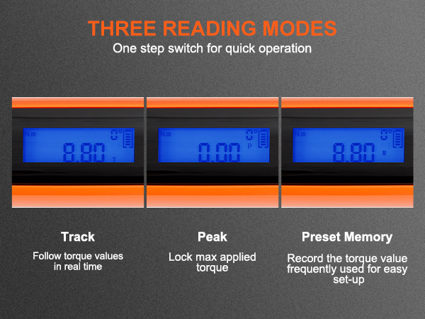 three reading modes on VEVOR digital torque wrench display: track, peak, preset memory for quick operation.
