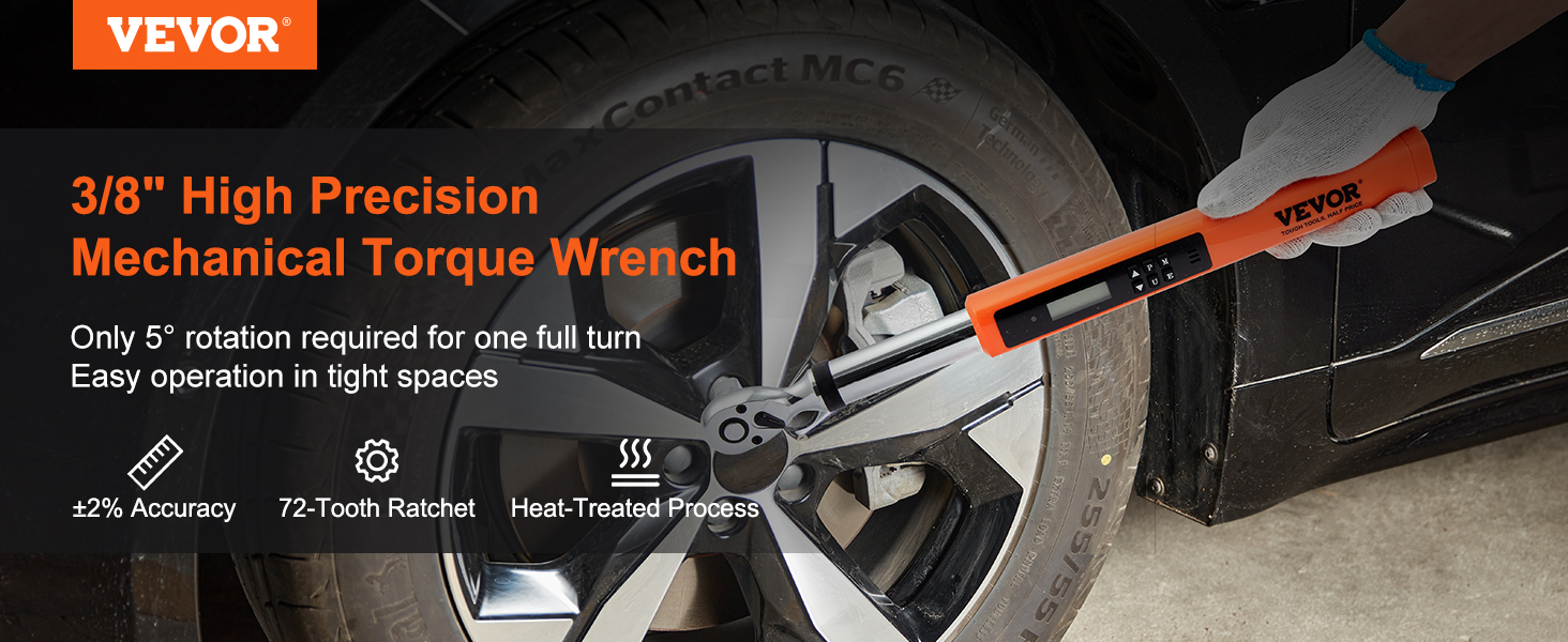 VEVOR digital torque wrench in use on a car wheel with 3/8" high precision mechanical features.