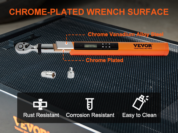 VEVOR chrome-plated wrench on a toolbox, highlighting rust resistance and easy cleaning.