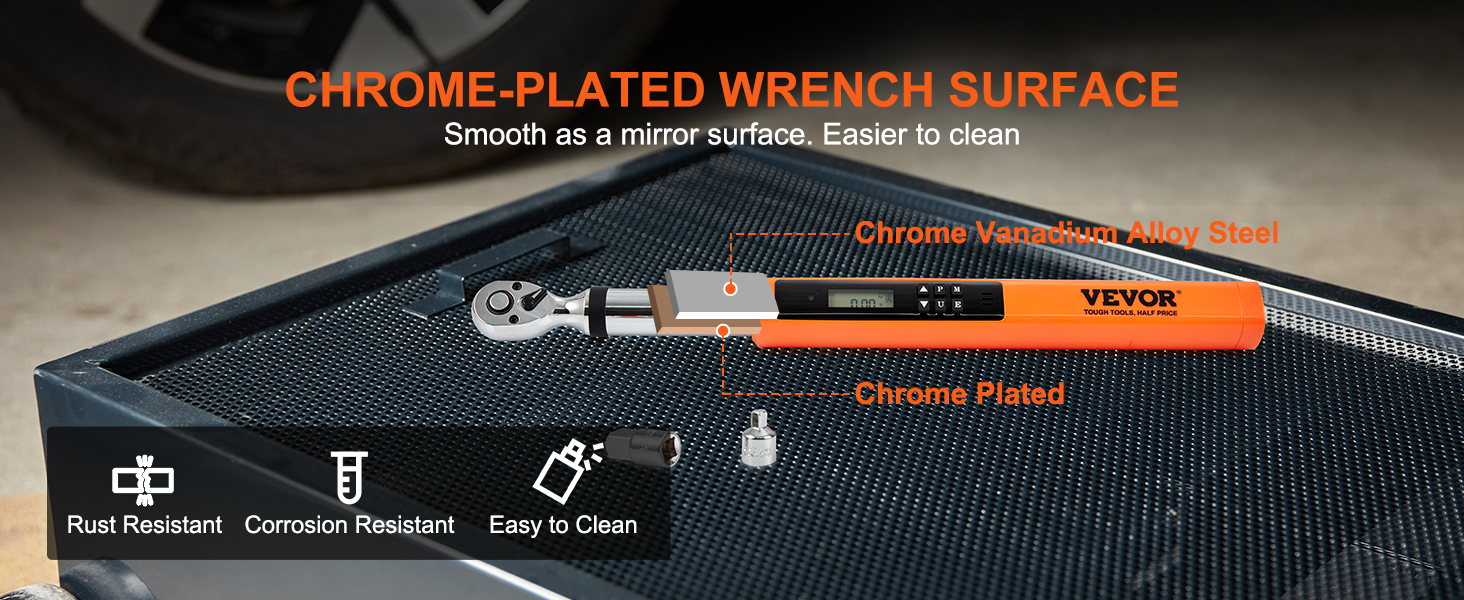 VEVOR chrome-plated wrench on a toolbox, highlighting rust resistance and easy cleaning.