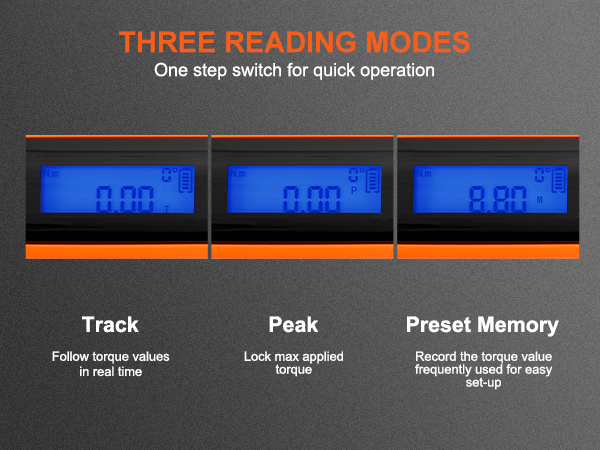 three reading modes on VEVOR digital torque wrench: track, peak, preset memory for quick operation.