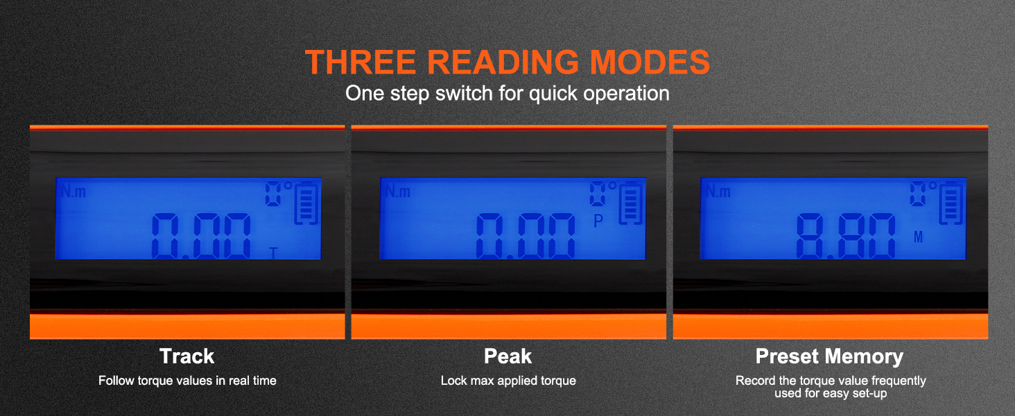 three reading modes on VEVOR digital torque wrench: track, peak, preset memory for quick operation.