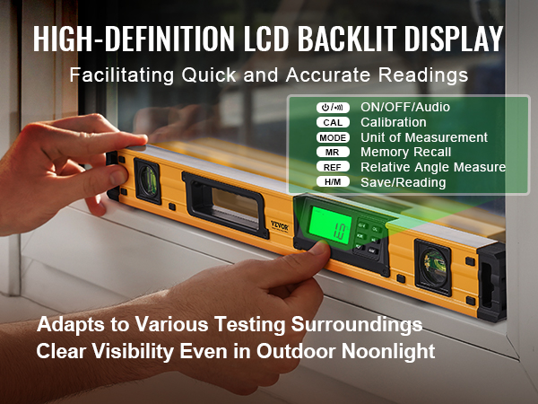 VEVOR magnetic torpedo level with backlit lcd display, showing precise angle reading indoors.