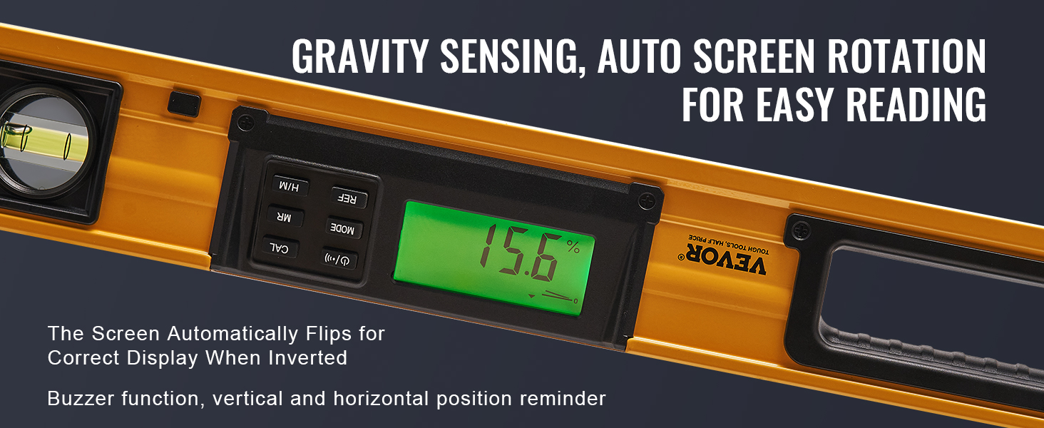 VEVOR magnetic torpedo level with gravity sensing and auto screen rotation for easy reading.