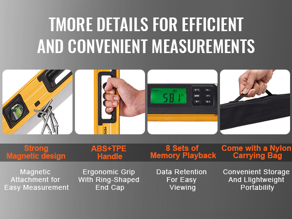 VEVOR magnetic torpedo level with magnetic design, ergonomic handle, memory playback, and nylon bag.