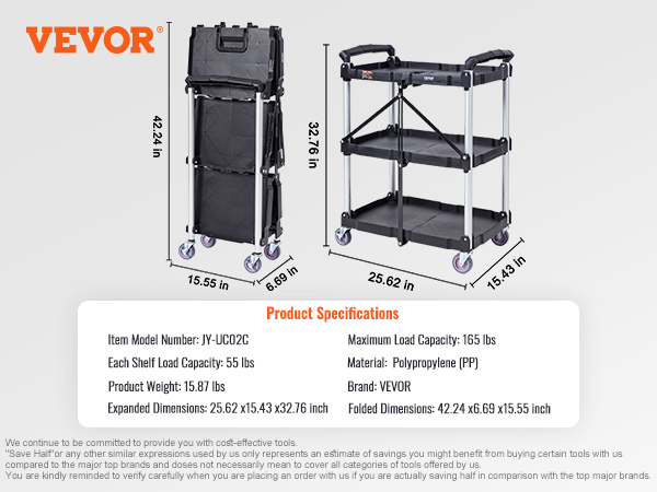 VEVOR utility service cart, dimensions, weight, load capacities, material, and brand specifications.