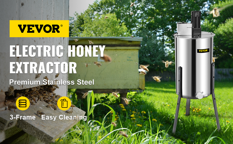 VEVOR honey extractor next to beehive, 3-frame, premium stainless steel for easy cleaning.