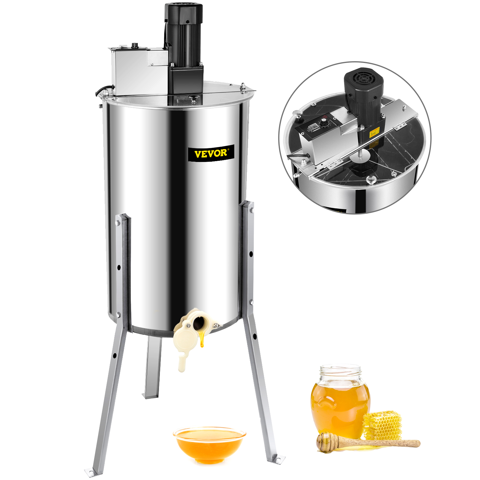 VEVOR honey extractor with stainless steel drum and honey jar beside a wooden dipper.
